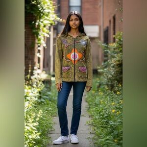 Shop Therapy Peace Hoodie Embroidered Patchwork Multi Colored Cotton Size M